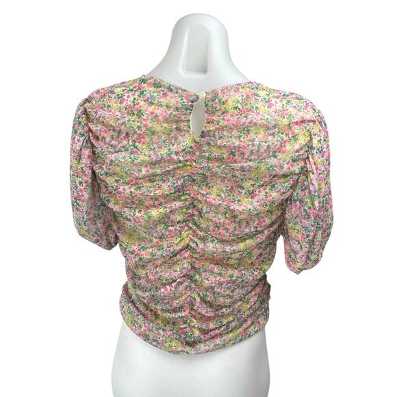 MNG Mango Multicolor Ruched Cinched Floral Short Puff Sleeve Crop Blouse Top L - Picture 2 of 4
